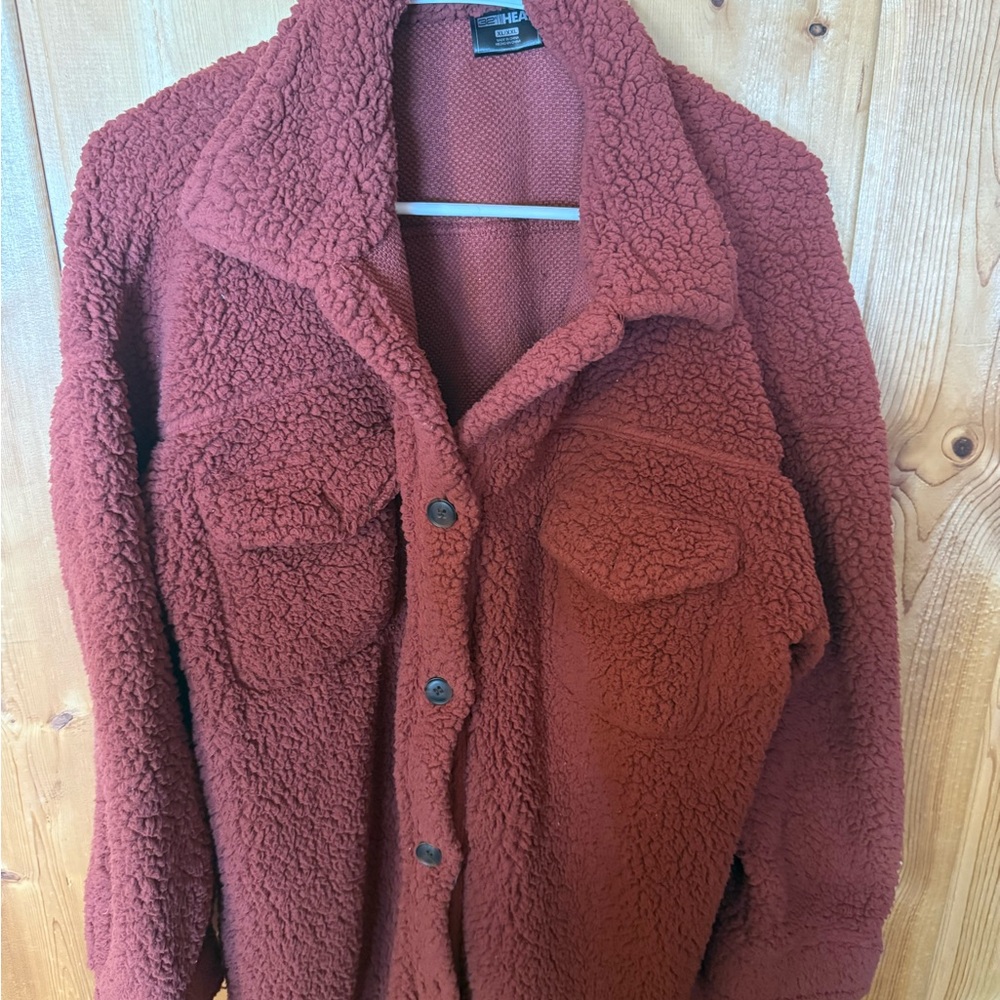 Heathered Sherpa Button-Up Jacket in Rust